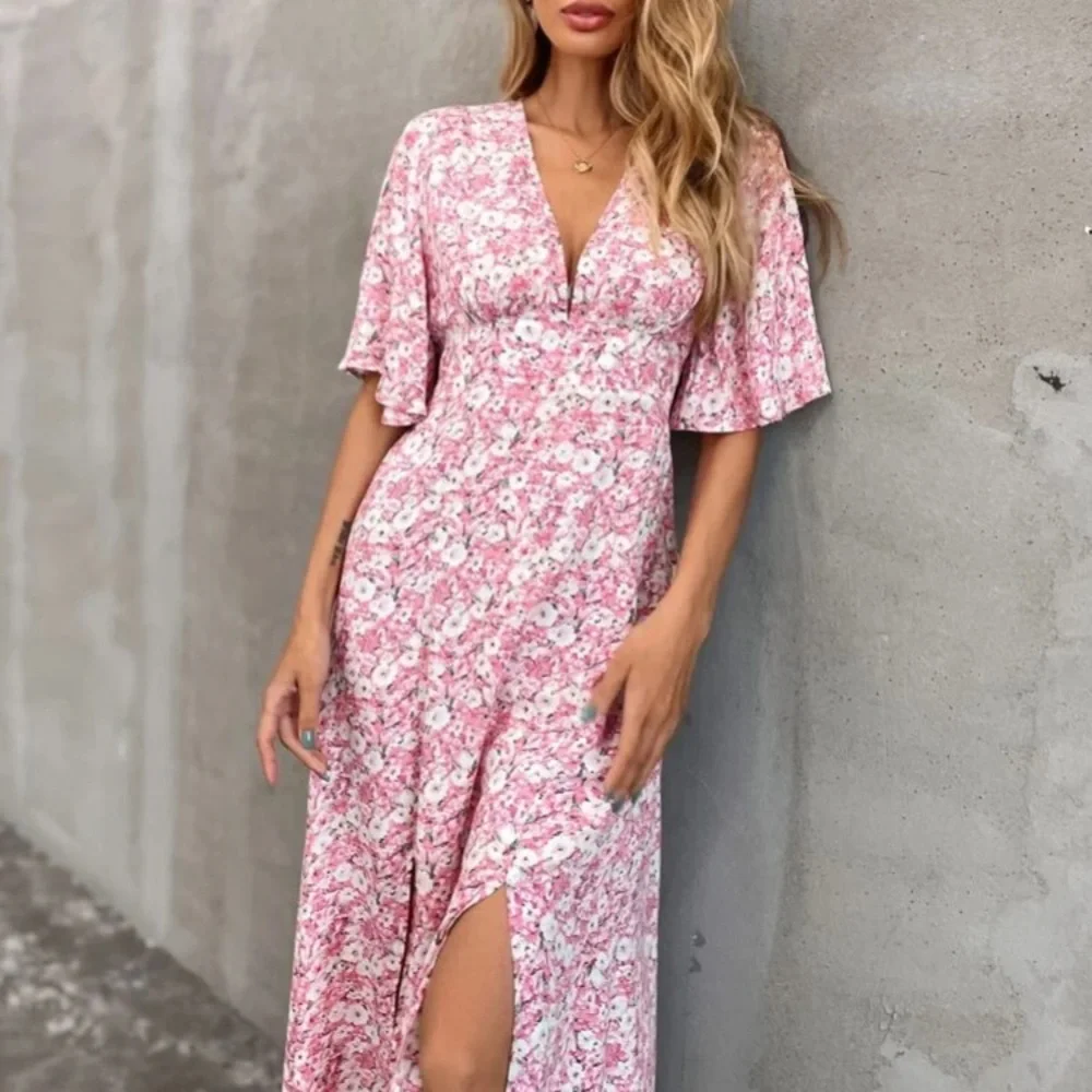 Boho floral print v neck butterfly sleeve dress